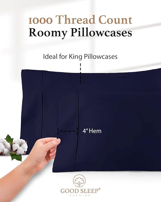 1000 TC Navy Blue King Pillowcases Set of 4 100% Egyptian Cotton Pillow Cases - Image 3