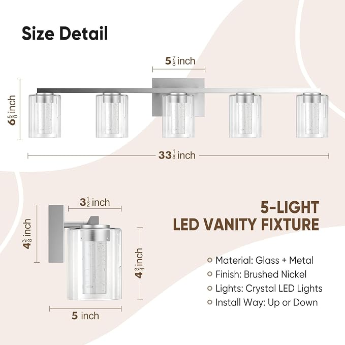 LED Modern Bathroom Light Fixtures Over Mirror, 5-Light Brushed Nickel Vanity - Image 5