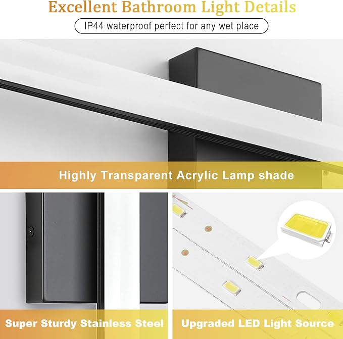 Combuh 2 Pack Bathroom Light Fixtures Black Vanity Lights Bar 24 Inch 14W - Image 4