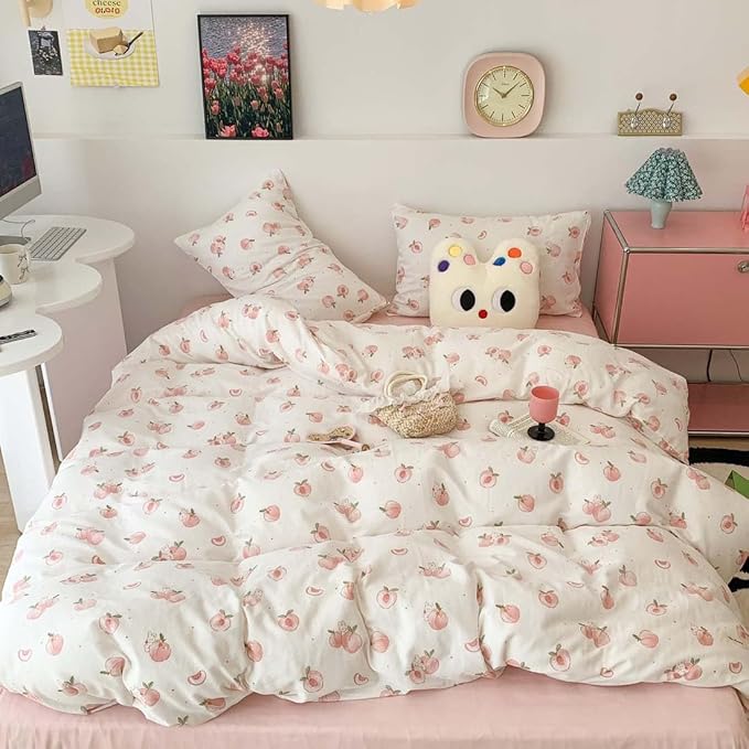 Nayoroom Pink Peach Duvet Cover Full Size Kawaii Fruit Peaches Rabbit Printed - Image 6