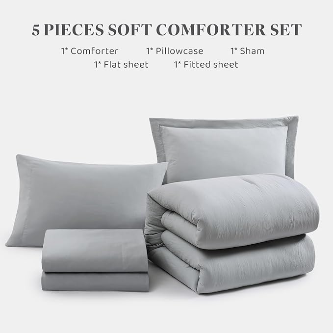 WRENSONGE Twin Comforter Set- 5 Pieces Light Grey Bed in a Bag, All Season Twin - Image 6