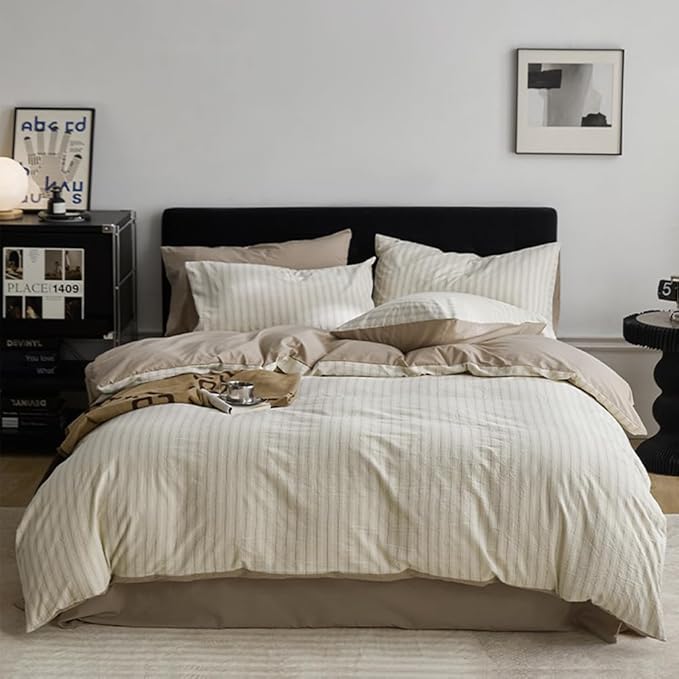 Nayoroom Beige Striped Duvet Cover Queen Size 100% Washed Cotton Duvet Cover - Image 4