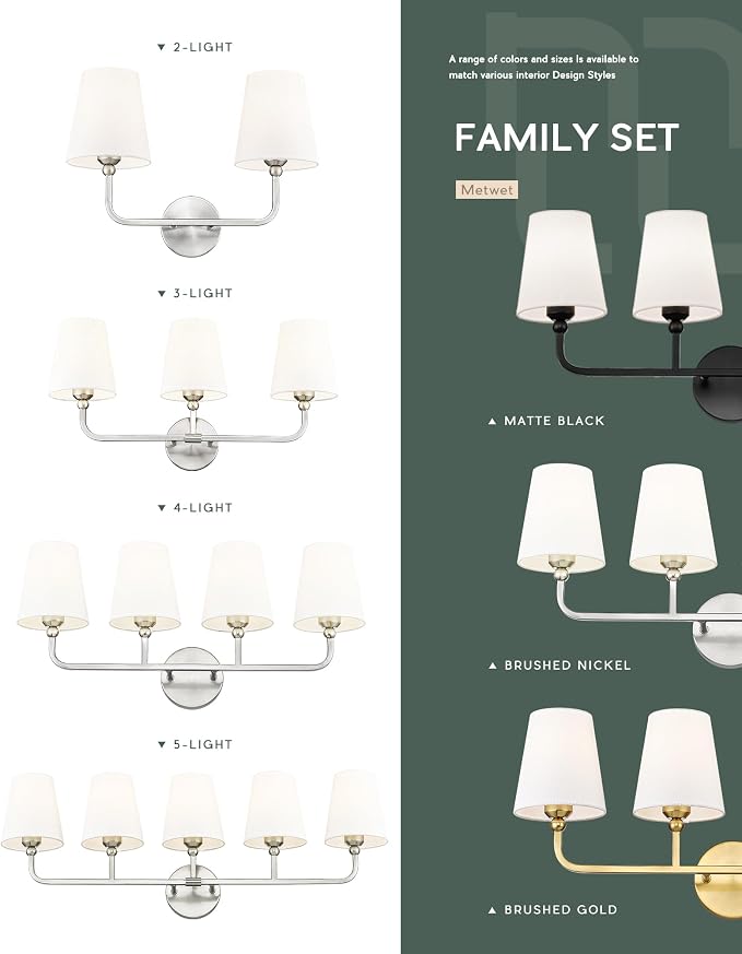 2-Light Bathroom Light Fixtures, Brushed Nickel Vanity Lights, Double Wall - Image 8