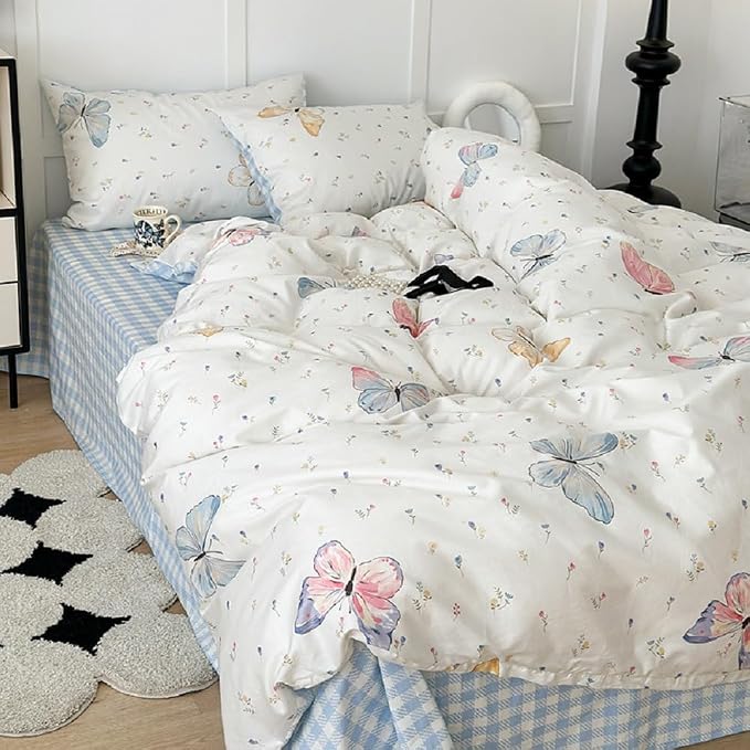 Nayoroom Butterfly Duvet Cover Queen Size Reversible Blue White Gingham Bedding by Nayoroom