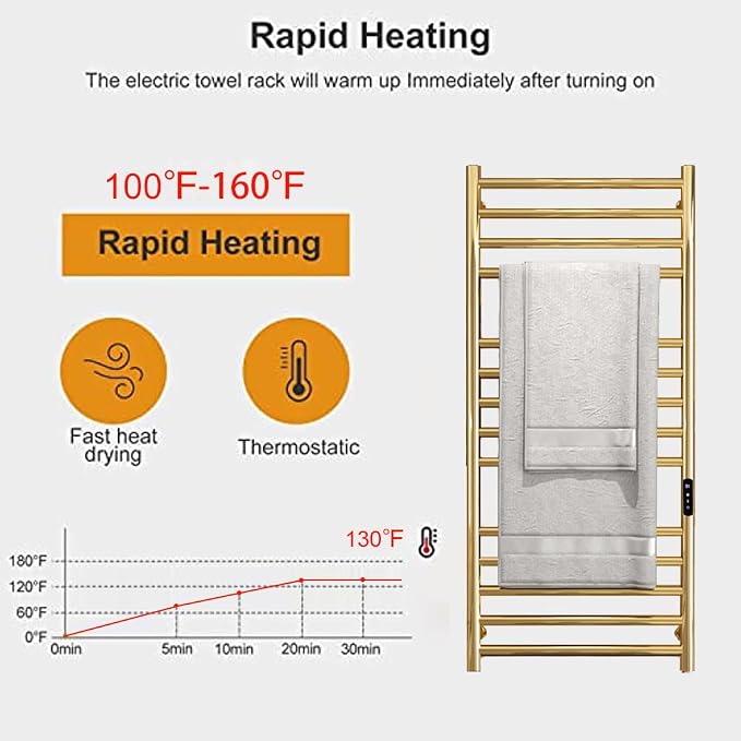 Gold Wall Mounted Heated Towel Rack, Timer & Temperature Control Electric Towel - Image 5
