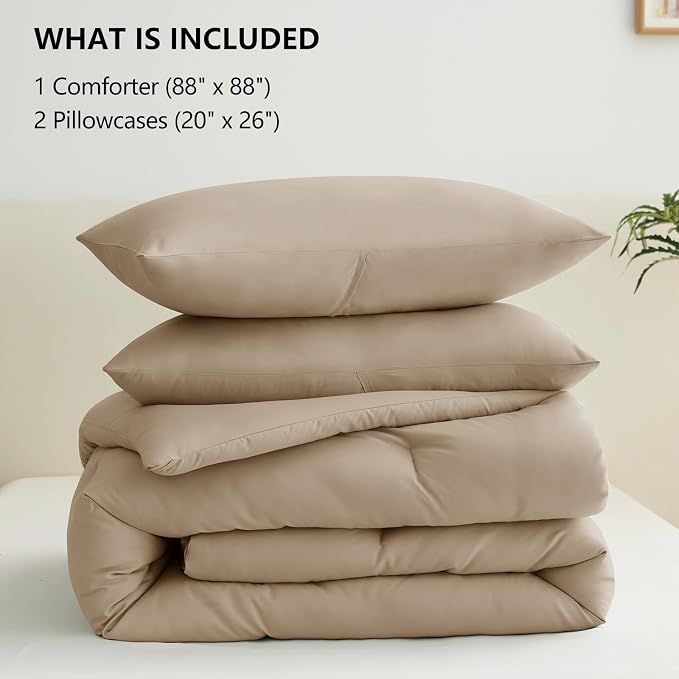 CozyLux Queen Comforter Set Taupe, 3 Pieces Solid Comforters Queen Size - Image 6