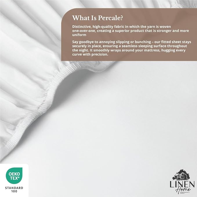 Linen Home 100% Cotton Percale Weave Fitted Sheet, Queen Size, Snow White - Image 5