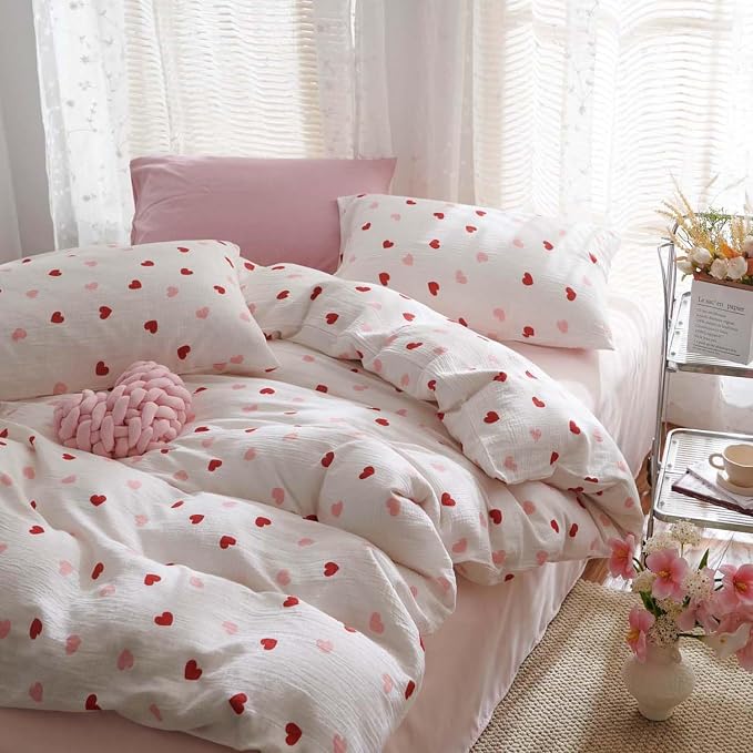 Nayoroom Heart Duvet Cover Full Size Red Pink Hearts Printed on White Coquette - Image 4