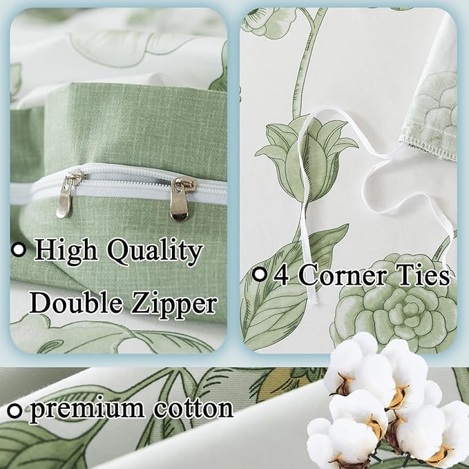 FADFAY Green Duvet Cover Set Queen Floral Bedding 100% Cotton Shabby Vintage - Image 3