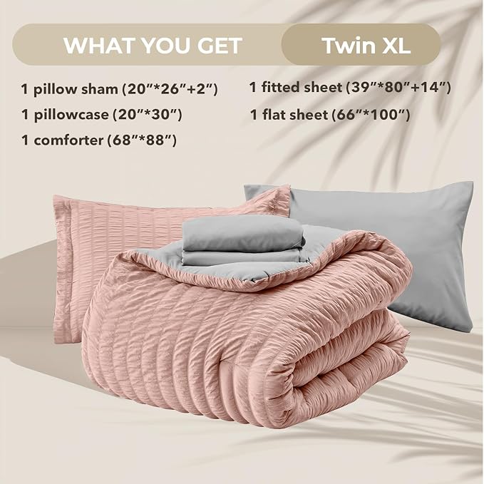 HYMOKEGE Rose Gold/Light Grey Twin XL Comforter Set Seersucker 5 Pieces - Image 6