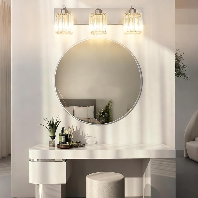Aipsun Brushed Nickel Vanity Light Bathroom Lighting Fixtures 3 Light Crystal - Image 2