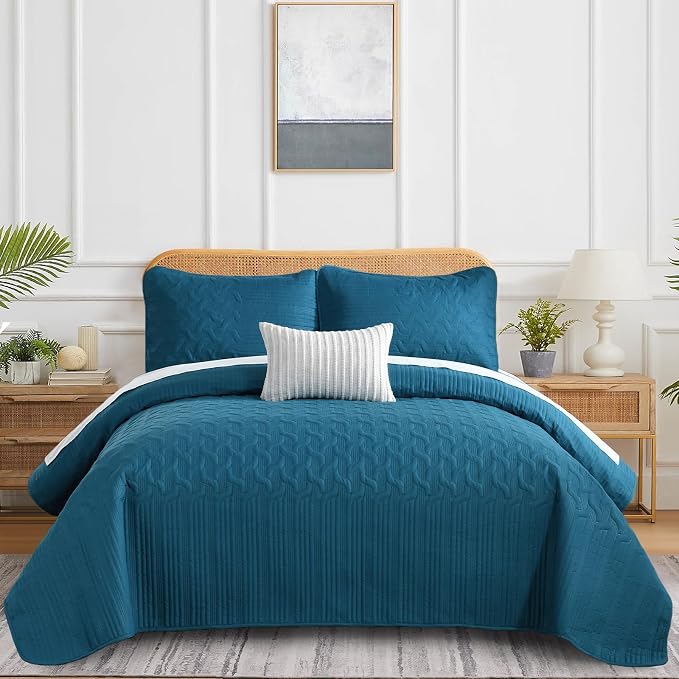Yiran Teal Blue Quilt Set King Size Lightweight Bedspread Ultrasonic Wave - Image 2