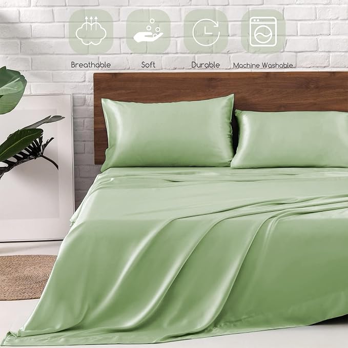 MR&HM Satin Bed Sheets with Elastic Corner Straps, Queen Size Sheets Set - Image 6