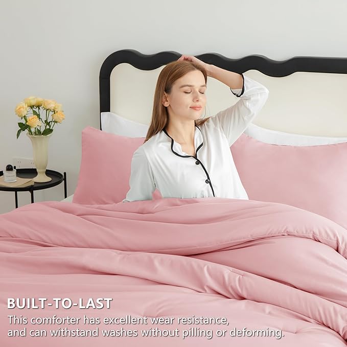 CozyLux Queen Comforter Set Pink, 3 Pieces Solid Comforters Queen Size - Image 3