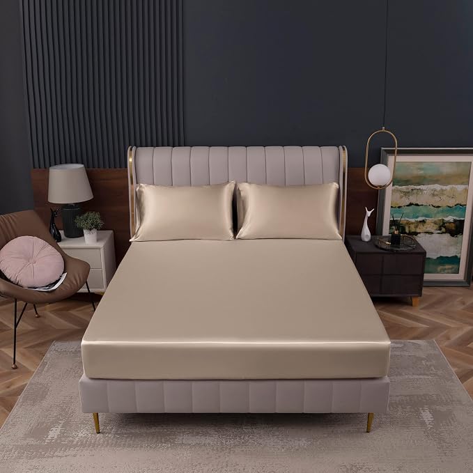 Homiest Taupe Satin Fitted Sheet King Size, Deep Pocket, Luxury & Ultra Soft - Image 2