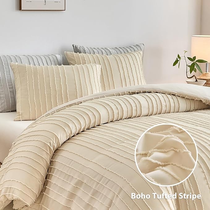 WARMDERN Khaki Boho Duvet Cover Set Queen Size, Striped Textured Tufted Bedding - Image 2