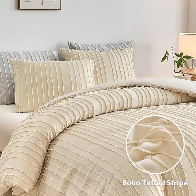 WARMDERN Tufted Duvet Cover Set King Size, Khaki Striped Textured Boho Bedding - Image 2