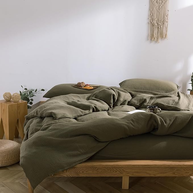 mixinni Olive Green Waffle Weave Duvet Cover Set King, 3-Piece 100% Natural - Image 2