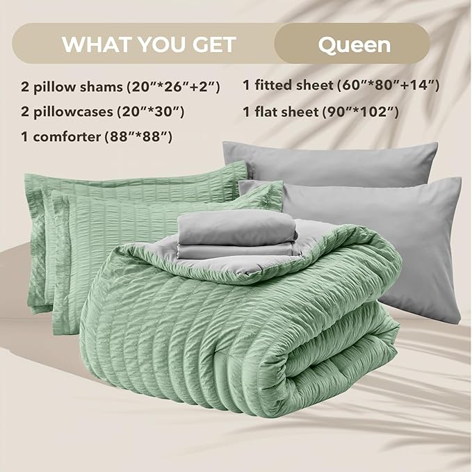 HYMOKEGE Sage Green/Light Grey Queen Comforter Set Seersucker 7 Pieces - Image 5