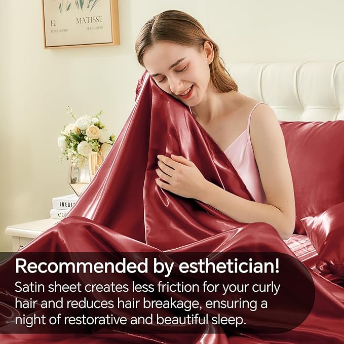 BEDELITE Satin Sheets Queen Size Bed Set, Luxury Soft Burgundy Silky Sheets - Image 4