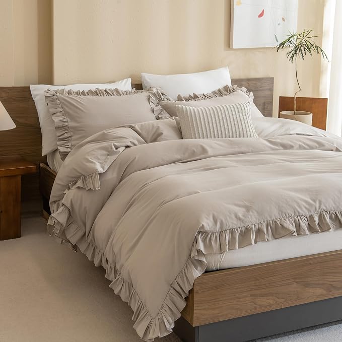 QSH Washed Cotton Duvet Cover King Ruffle Duvet Cover Linen Textured Farmhouse - Image 7