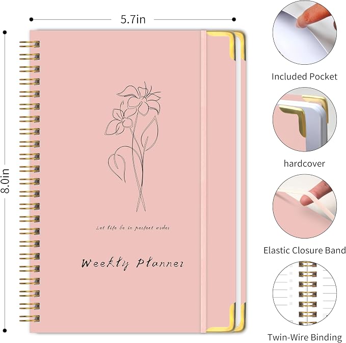 Undated Weekly Planner with Metal Corner Hardcover Notebook, A5 Size Journal - Image 2