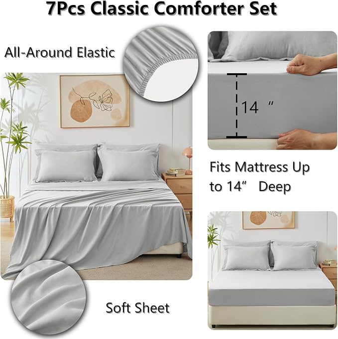 CozyLux Oversized King Comforter Set Light Grey, 7 Pieces Bed in a Bag - Image 5