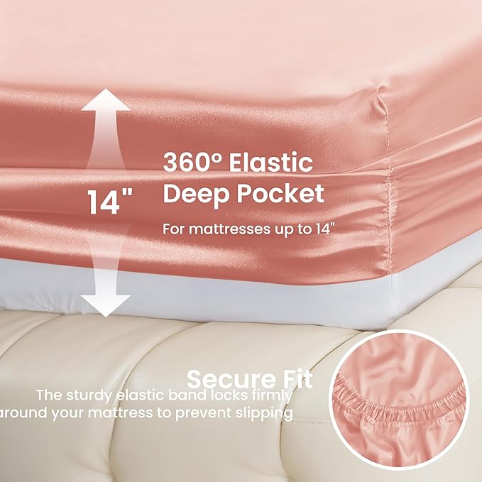 Love's cabin Twin XL 3Pc Satin Sheet Set, Coral Silky Satin Bed Sheets - Image 4