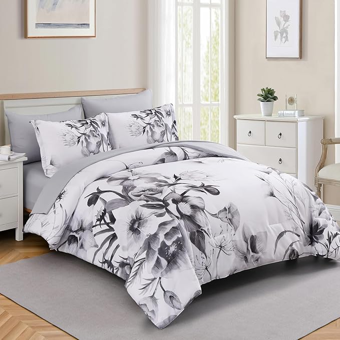 Luxudecor Floral Comforter Set Twin Size 5 Piece, Elegant Ink Comforter Bedding - Image 2