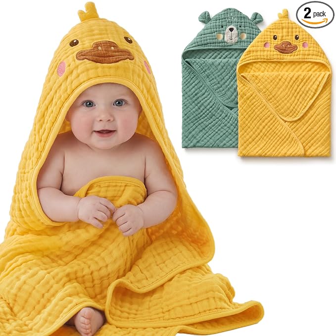 Blissful Diary Muslin Baby Hooded Towel 2 Pack, Soft & Absorbent Bath Towel by ForEveryBabysBetterLife