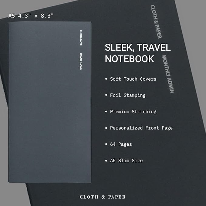 Cloth & Paper Travel Notebook | Monthly Admin – Lagoon | A5 Slim Monthly - Image 3