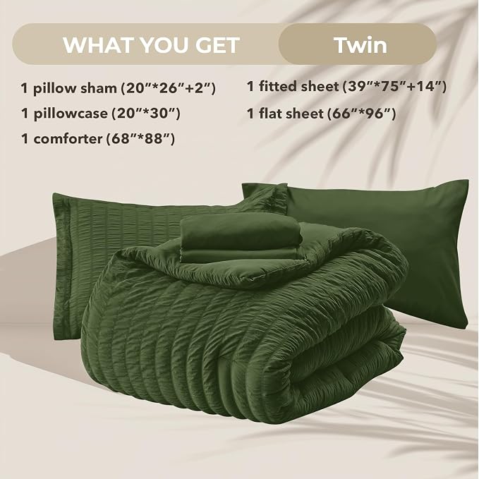 HYMOKEGE Olive Green Twin Comforter Set Seersucker 5 Pieces, All Season Luxury - Image 5