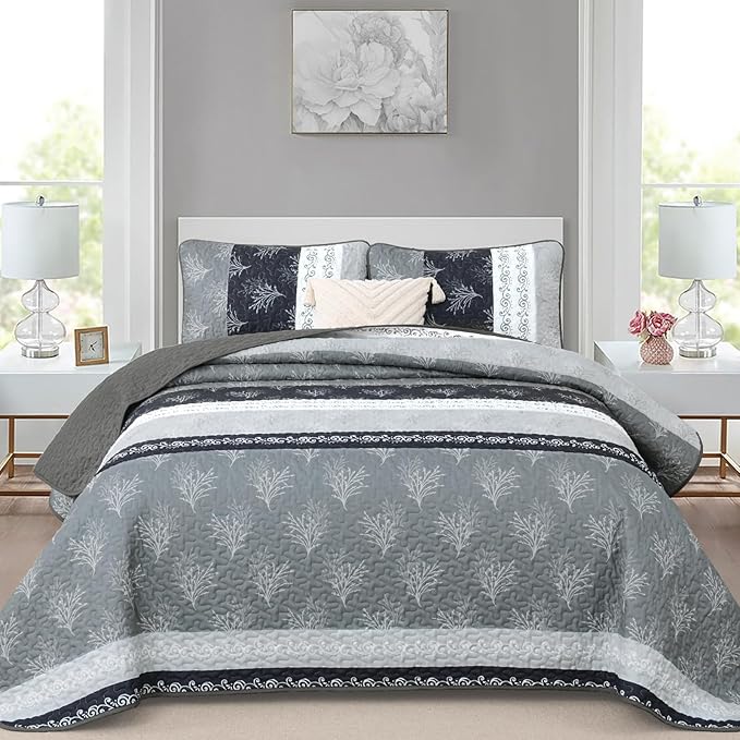 DJY Gray Quilt Set Queen Size Boho Striped Patchwork Bedspread Coverlet - Image 2