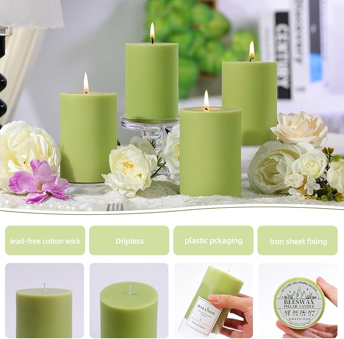 4 Pack Sage & White Tea Scented Pillar Candles-2.8x4 Inch Sage Green Soy Wax - Image 6