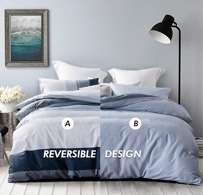 Duvet Cover Set, 600 Thread Count Cotton White and Navy Striped Patchwork - Image 4