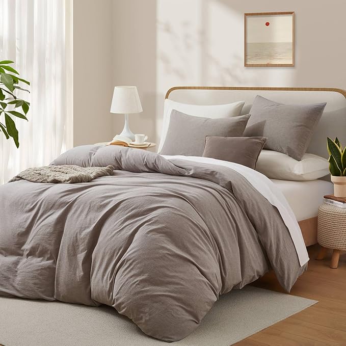 100% Cotton Duvet Cover King Size, Mauve Brown Linen-Like Natural Bedding Set - Image 2