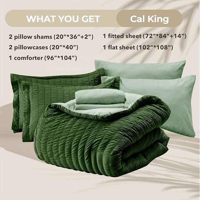 HYMOKEGE Dark Green/Sage Green California King Comforter Set Seersucker 7 Pieces - Image 5