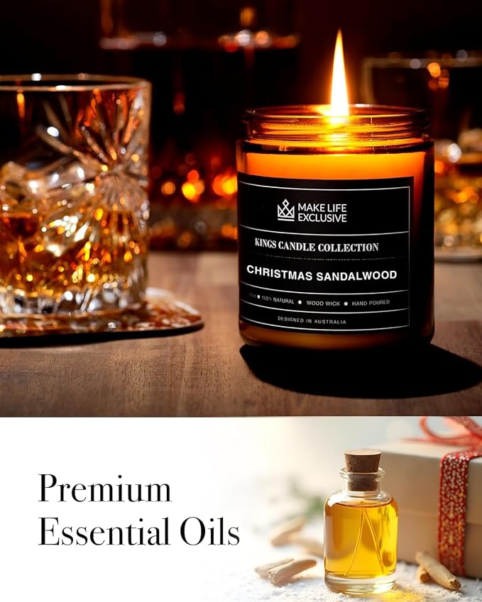 Scented Candles for Men | Christmas Sandalwood | Wooden Wick, Long Lasting - Image 6