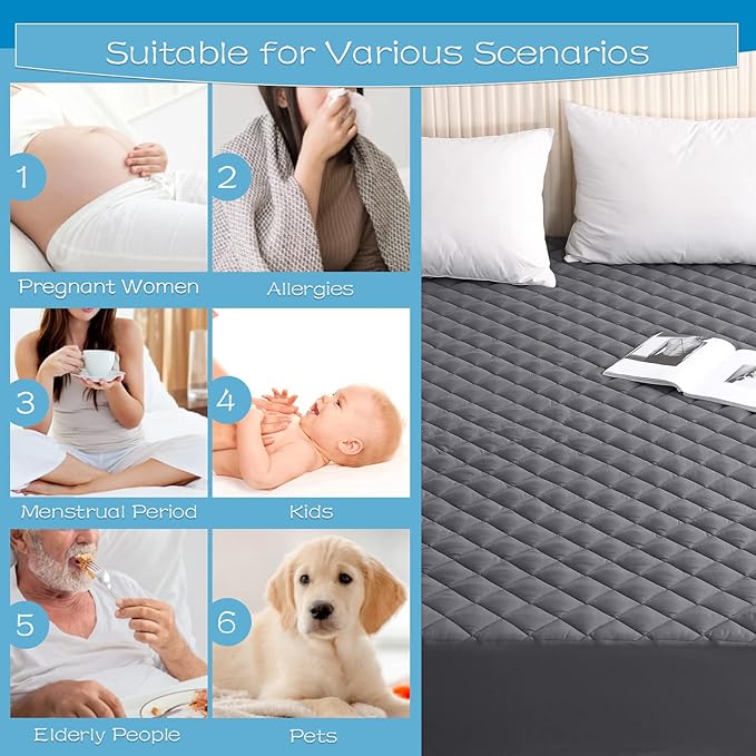 GRT Cal King Size Grey Quilted Fitted Mattress Pad, 100% Waterproof Breathable - Image 5