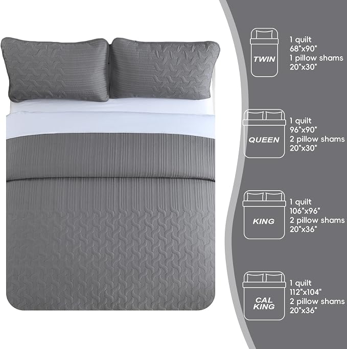 Yiran Grey Quilt Set King Size Lightweight Bedspread Ultrasonic Wave Pattern - Image 7