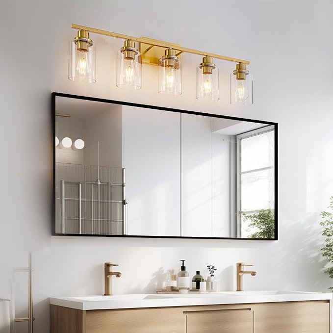 5 Light Gold Bathroom Light Fixtures Brushed Brass Vanity Light Over Mirror - Image 4