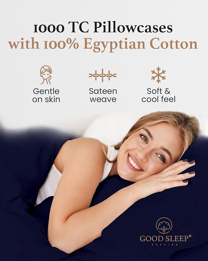 1000 TC Navy Blue Standard Pillowcases Set of 4 100% Egyptian Cotton Pillow - Image 4