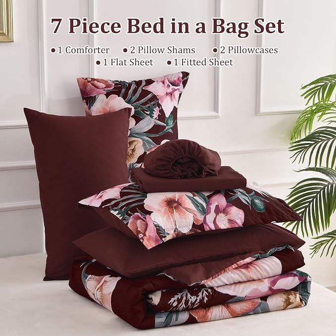 Luxudecor Burgundy Floral Comforter Set King Size 7 Piece, Flower Bed in a Bag - Image 7