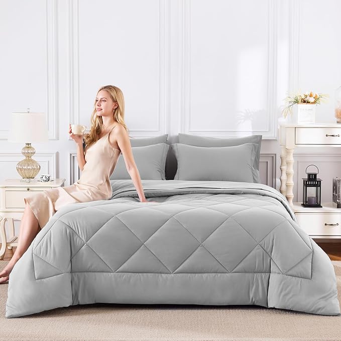 CozyLux King Size Comforter Set Light Grey - Image 7
