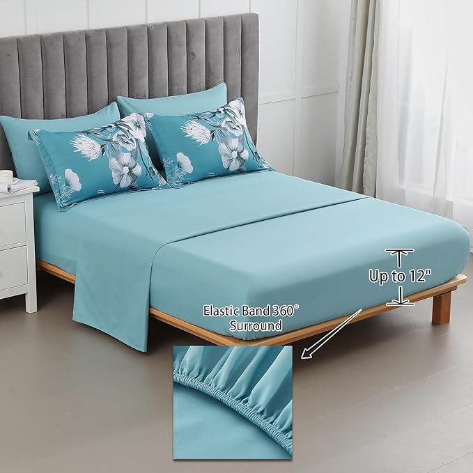 Luxudecor Floral Comforter Set Twin Size 5 Piece, Teal Blue Flower Bed in a Bag - Image 4