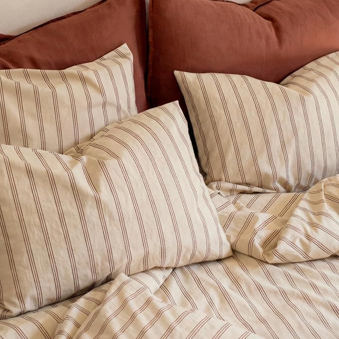 mixinni Striped Duvet Cover Set Queen Size, 3 Piece Cotton Linen Blend Bedding - Image 2