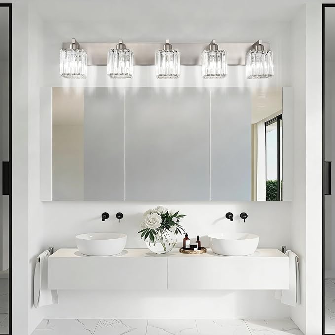 Aipsun Brushed Nickel Bathroom Lighting Fixtures 5 Light Vanity Light Crystal - Image 2