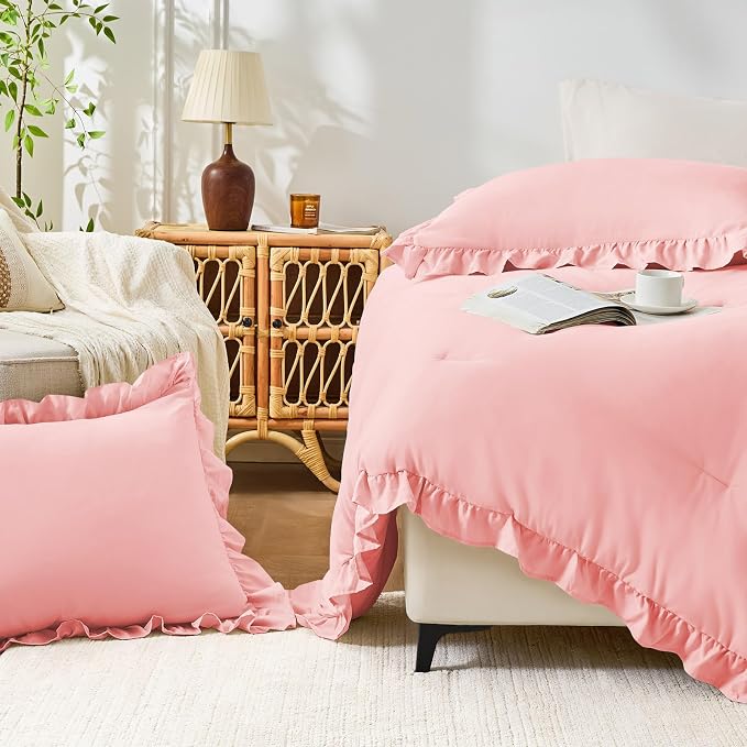 FUANNA Pink Queen Comforter Set, 3 Pieces Ruffle Queen Bed Set, Fluffy Bed in a - Image 8