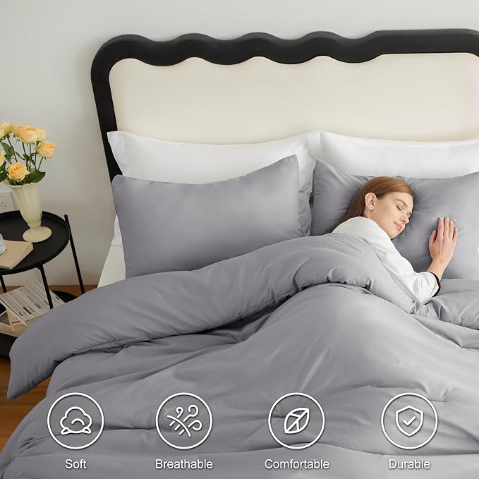 CozyLux King Size Comforter Set Grey, 3 Pieces Solid Comforters King Size - Image 5
