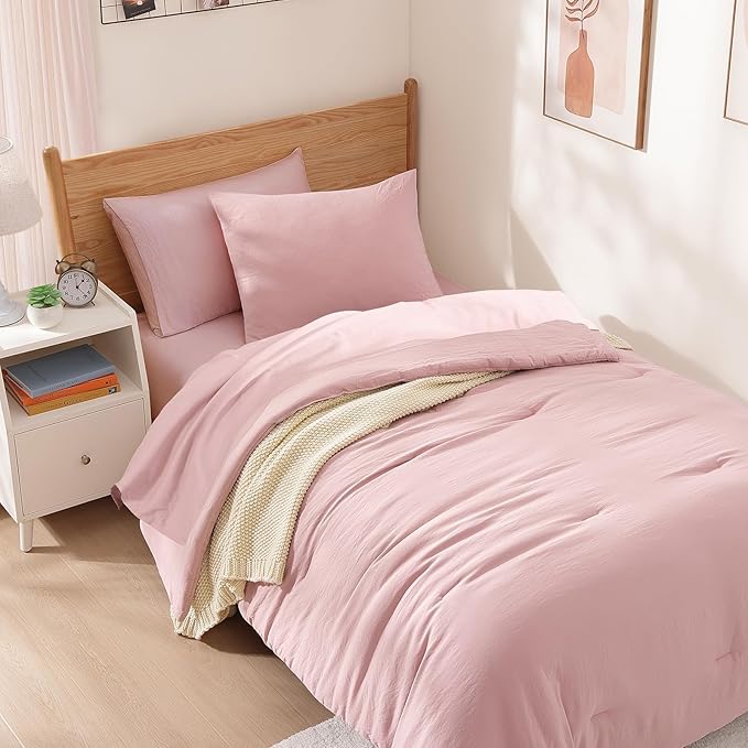 WRENSONGE Twin Comforter Set- 5 Pieces Soft Pink Twin Bed in a Bag, All Season - Image 3